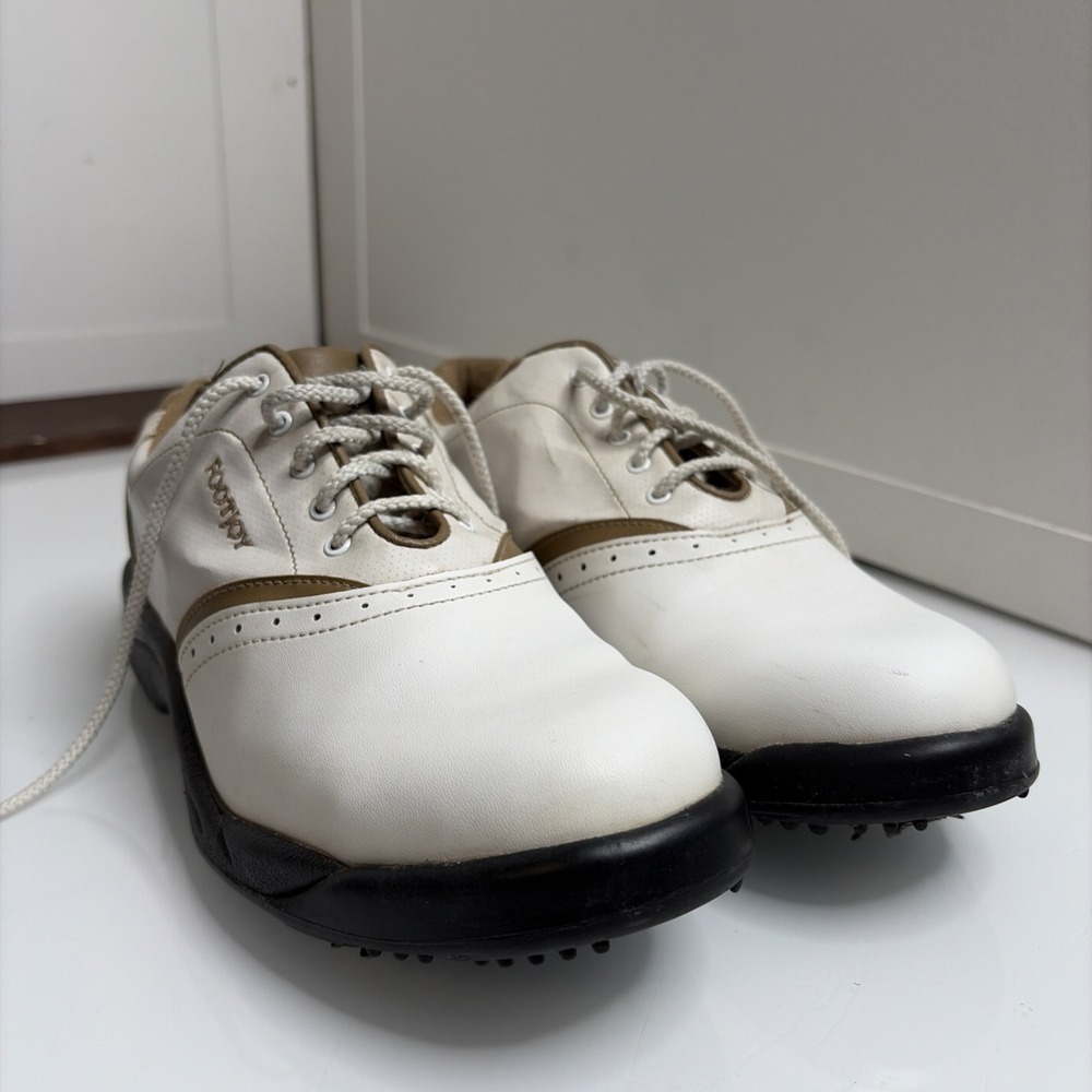 FootJoy 48762 Womens Golf Shoes White Tan Size 9 M Soft Spikes Read Condition